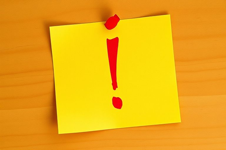 Create a vibrant image of a bright yellow sticky note with a bold red exclamation mark in the center, captured with a Canon EOS R5, 50mm lens, aperture f/2.8, ISO 100, in natural daylight from a top-down view for clarity and detail.