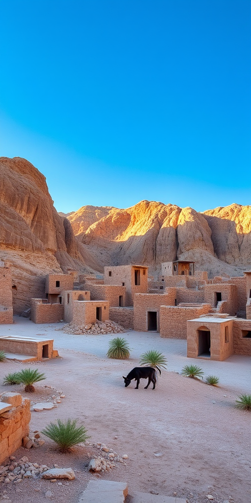 A vibrant desert village with ancient rocky architecture and a clear blue sky, taken with a Canon EOS R5 at f/8, ISO 100, 24mm lens, wide-angle view in natural light, high dynamic range photography.