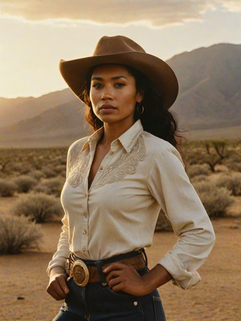 Dramatic photo of a beautiful Fijian woman, classic cowboy attire, confident and free spirit expression, half-length portrait, centered, golden hour desert landscape, warm, diffused light, low angle, medium format film camera, in style of Annie Leibovitz.