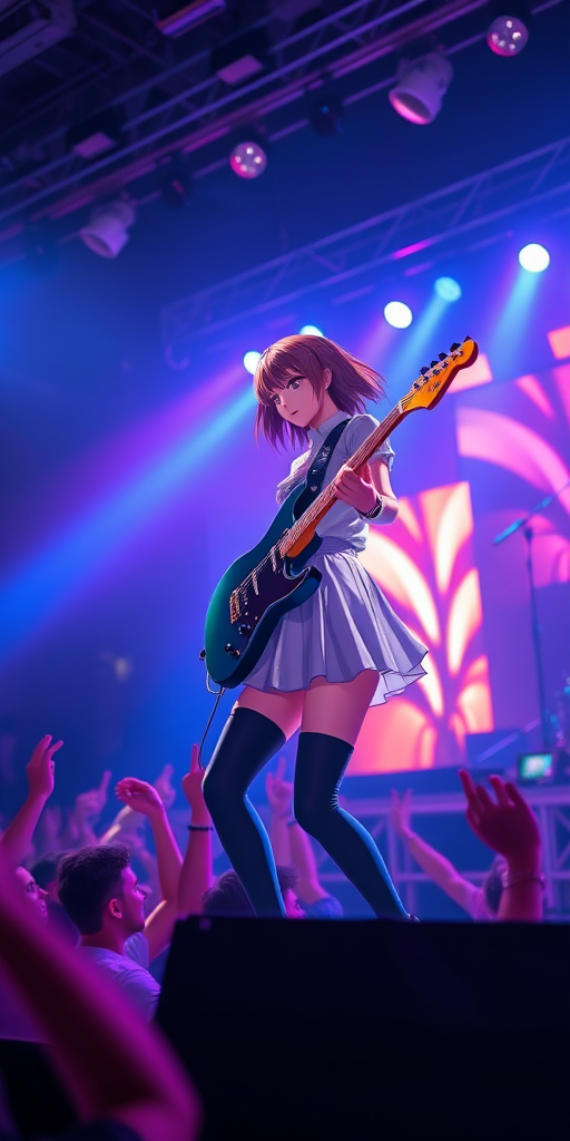 anime girl playing guitar on stage during concert with vibrant lights and a cheering crowd, Canon EOS 5D, f/2.8, ISO 100, 24mm lens, wide-angle view, high dynamic range