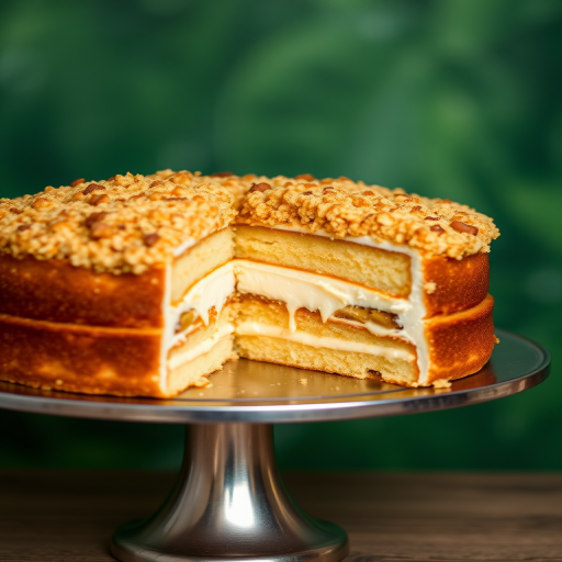 A delicious cake with a golden crumb topping and layers of creamy filling visible from a slice cut out, set on a silver cake stand with a blurred green background.