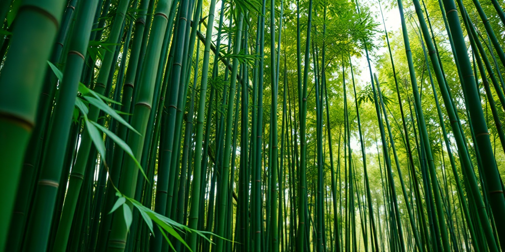 Bamboo forest with vibrant green colors, close-up view, captured with a Canon EOS R mirrorless camera, f/2.8 aperture, ISO 100, 1/200 sec shutter speed, natural lighting.