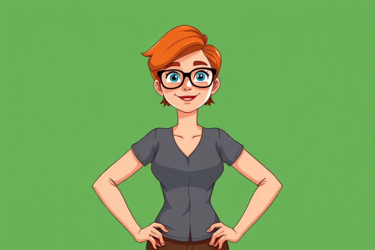 Generate an image of a confident cartoon woman with short orange hair and glasses, standing with her hands on her hips, in front of a green background, using a 50mm lens, f/2.8 aperture, 1/125 shutter speed, natural lighting, and a front view perspective.