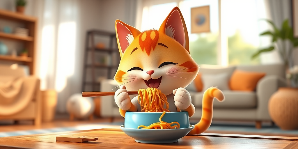 3D cartoon-style image of a cute cat character eating noodles in a cozy living room setting, soft natural light, f/2.8 aperture, 50mm lens, ISO 100, HDR photography, depth of field effect, high-resolution rendering, vibrant colors, detailed textures.