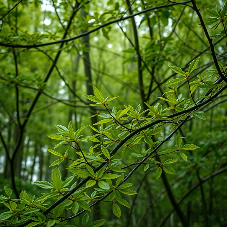 generate a high-resolution image of an intricate pattern of green leaves intertwined with branches in a lush forest setting, using a DSLR camera with a 50mm lens, aperture set to f/2.8, ISO 200, and a shallow depth of field to enhance detail and texture.