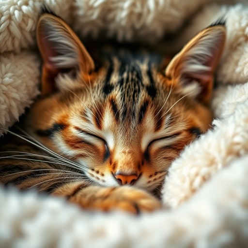 A close-up portrait of a sleeping tabby cat nestled in a fluffy blanket, with soft natural lighting, aperture set to f/2.8, ISO 200, shutter speed 1/125 sec, using a DSLR camera with a macro lens.
