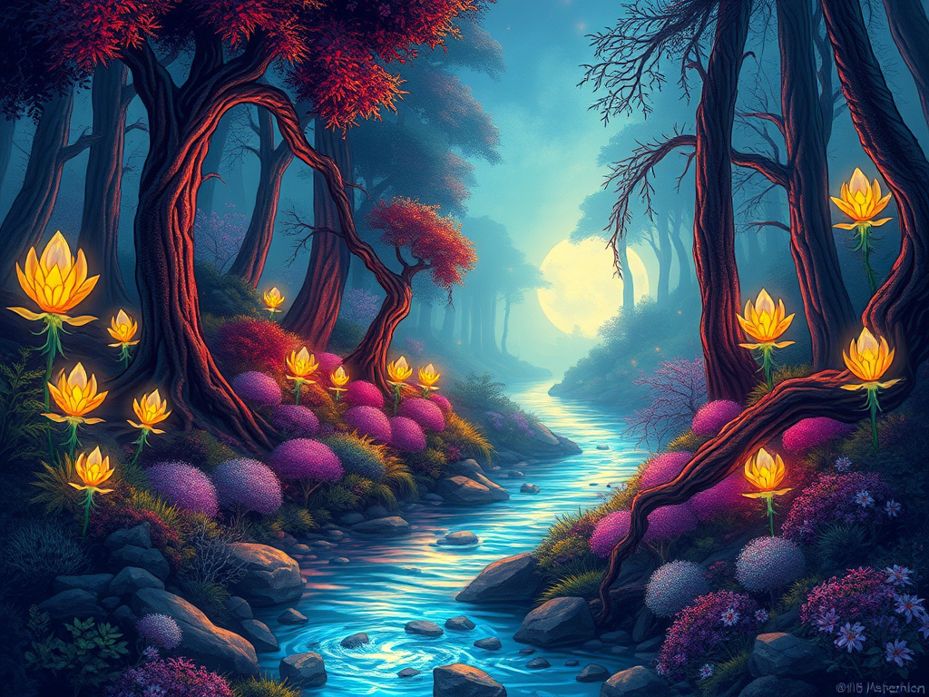 Create a detailed digital illustration of a fantasy landscape with vibrant colors, focusing on a mystical forest with glowing plants and a river flowing through, captured with a DSLR camera, 50mm lens, f/1.8 aperture, ISO 100, soft focus background for depth, and a warm sunlight filter effect.