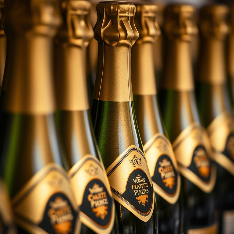 Close-up shot of champagne bottles arranged neatly, shallow depth of field, natural lighting, f/2.8 aperture, 50mm lens, ISO 100, DSLR camera.