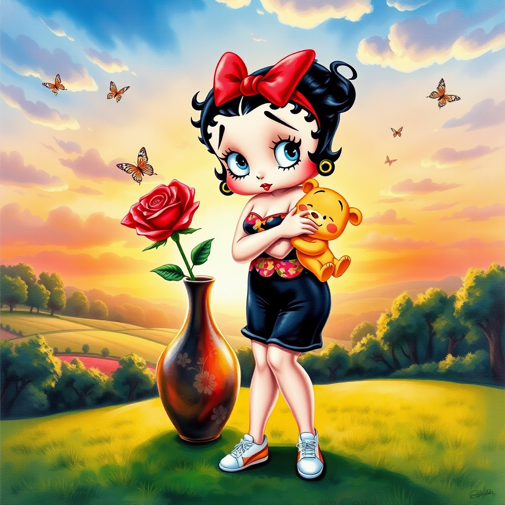 Luxury 3D HD realistic watercolor oil painting. Betty Boop with black hair in two messy buns. Red headband with big bow. He wears black shorts with a colorful t-shirt. White sneakers. She is standing hugging winnie the pooth next to a large vase with a tall red rose, There are trees and butterflies flying. The land with a beautiful lawn. Full body. Background of a sunset