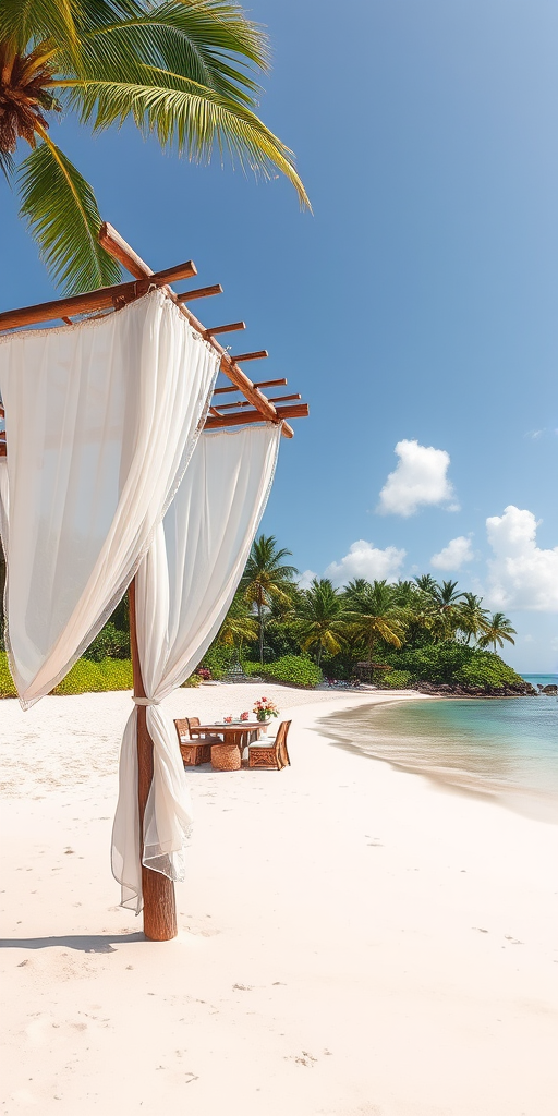 Create a picturesque tropical beach scene featuring a serene, white sandy shore. In the foreground, there's a rustic wooden canopy with white drapes gently flowing in the breeze. Underneath the canopy, a table is set with tropical decor, evoking a sense of relaxation and leisure. The beach extends into a calm, shallow water area with reflections of the sky and surroundings. Palm trees and lush greenery line the edge of the beach, providing a natural, tropical backdrop. The sky is clear with a few scattered clouds, and the overall atmosphere is tranquil and inviting, perfect for a peaceful retreat.