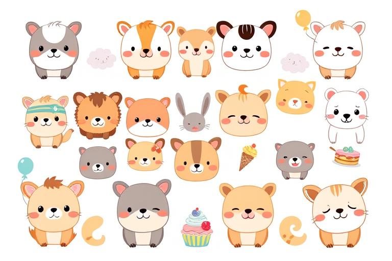 Create a grid of cute cartoon animals with various facial expressions and accessories in pastel colors on a white background include emotions like happiness sadness surprise and sleepiness add small items like balloons clouds and desserts in the design ensure a playful and whimsical style