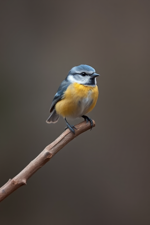 regenerate an image of a small blue and yellow bird perched on a wooden branch with a blurred gray background, using a DSLR camera with a 100mm lens, f/2.8 aperture, ISO 200, and a natural light setting.