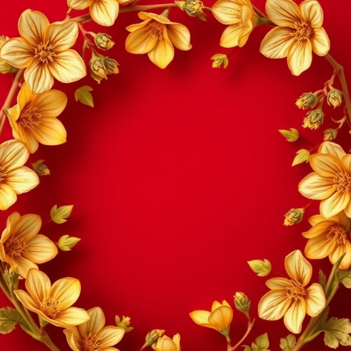 Create a highly detailed gold floral frame on a rich red background, using a macro lens with an aperture of f/2.8, focus on the intricate textures of the flowers and leaves, shot at eye level with soft natural lighting for a warm ambiance.
