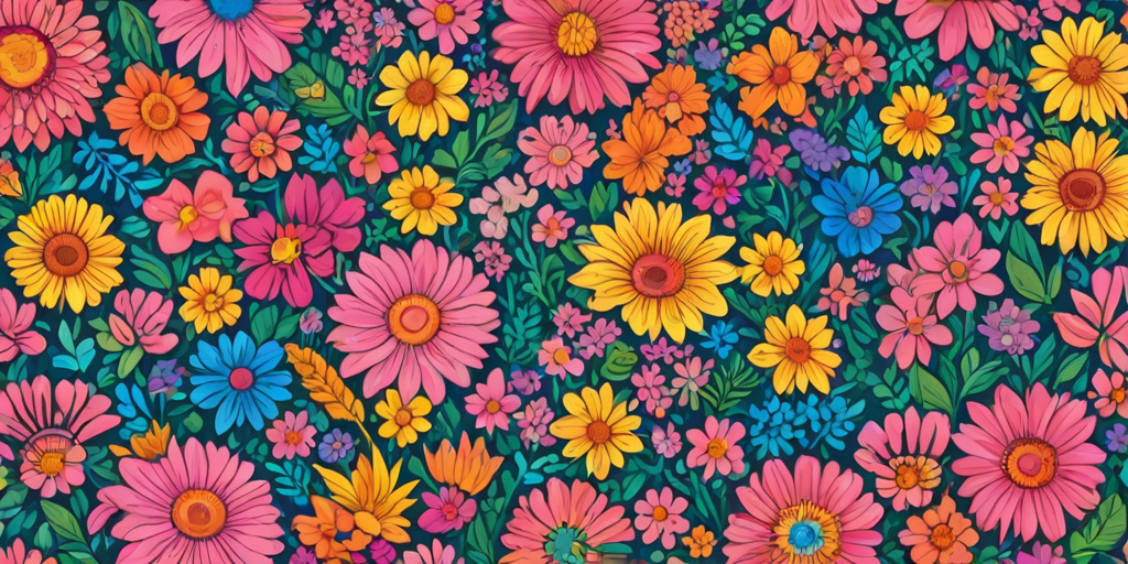 create a vibrant, colorful pattern filled with a variety of flowers in different shapes and sizes, covering the entire image with shades of pink, blue, yellow, orange, and green.