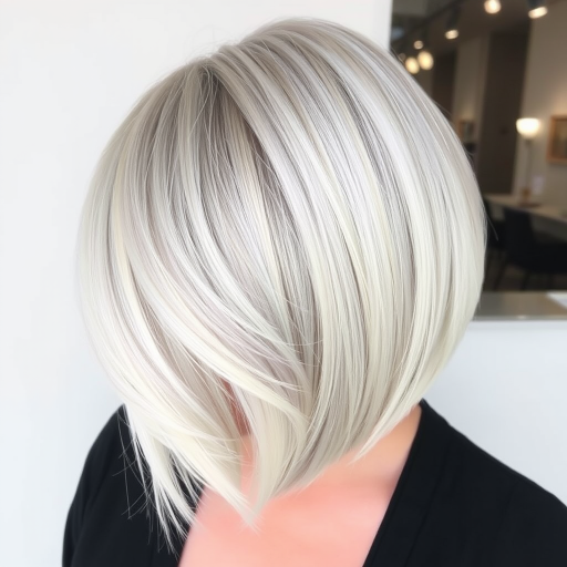 Sophisticated silver fox bob with a sleek side part, featuring icy platinum streaks and a glass-like shine for a polished and timeless look