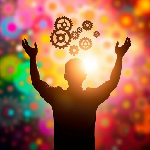 Create an image of a silhouette of a person standing with arms raised in a vivid, colorful background with gears and cogs representing ideas within their head, shot with a Canon EOS R5 at f/1.8, ISO 100, 50mm lens in soft focus with a warm tone to enhance depth and clarity.