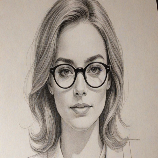 Enchanting Jordana Spiro, pencil sketch, portrait of Ravishing woman 1975s in glasses, hair style beatnik, outline, clear lines, fine lines, 8k
