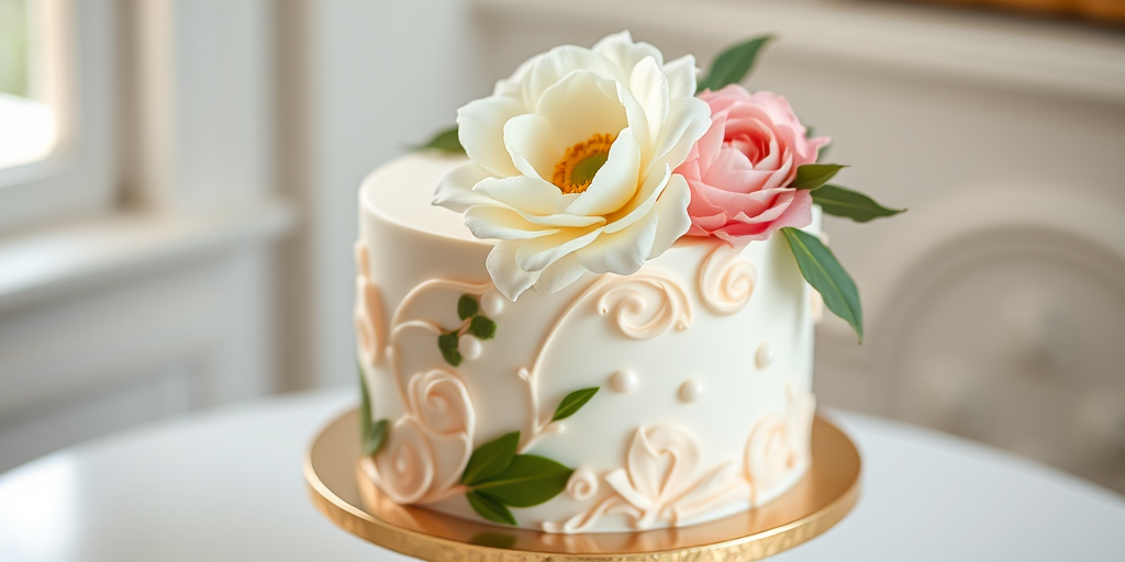 A beautifully decorated cake with intricate floral designs including peonies and a large white flower, set on an elegant round base, shot with a DSLR camera, 50mm lens, f/1.8 aperture, ISO 100, soft natural lighting from the left, 45-degree angle view, with a shallow depth of field to enhance focus on the cake details.