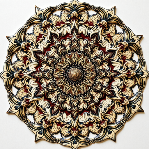 Regenerate a detailed mandala design featuring intricate floral patterns with swirling vines and shapes, using a macro lens at f/2.8, 50mm focal length, ISO 100, evenly lit softbox lighting, and capturing the image from a top-down view.