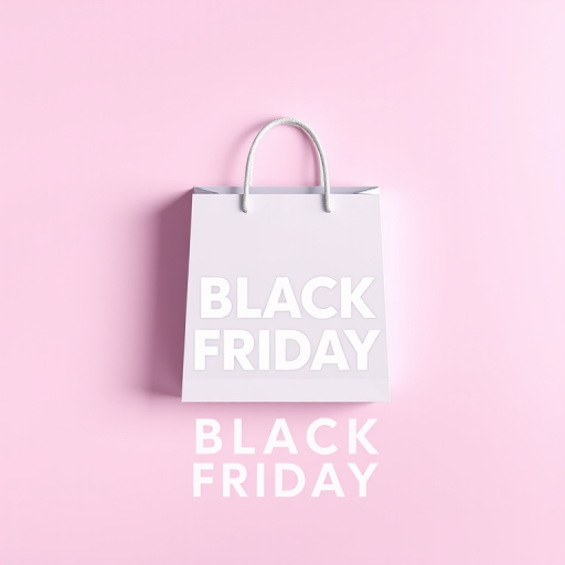 Create a high-contrast minimalist illustration of a shopping bag with the words Black Friday below it, using a Canon EOS R5 camera, 50mm lens, f/2.8 aperture, ISO 100, top-down view, and vibrant color settings to enhance image quality.
