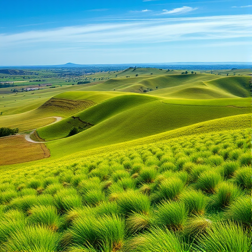 Generate a high-resolution image of a serene landscape with rolling hills, lush green grass, and a clear blue sky, using a Canon EOS 5D Mark IV, 50mm lens, f/8 aperture, 1/250s shutter speed, ISO 100, with a wide-angle view to capture the expansive scenery and enhance vibrancy.