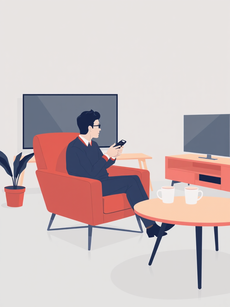 Create a minimalistic vector illustration of a man sitting in a modern armchair, holding a remote control, with a cup on the table, facing a sleek TV, soft lighting, high contrast colors, shot with a digital camera at f/4.0 aperture, 35mm focal length, and ISO 100 to enhance image quality.