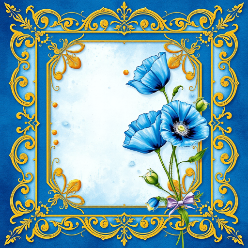 a Beautiful filigree gold and light blue patchwork background with in it a square block with blue grunge background, on the site an amazing Himalayan blue poppies flowers, petals, ribbon, watercolor effect