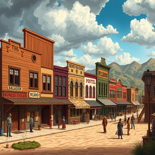 Create a vibrant illustration of a Wild West town with detailed buildings like a saloon, bank, hotel, and post office, featuring townsfolk in period attire, under a dramatic cloudy sky, with a wide shot perspective, shot with a DSLR camera at f/8 aperture, ISO 100, and a 24mm lens for sharpness and clarity.