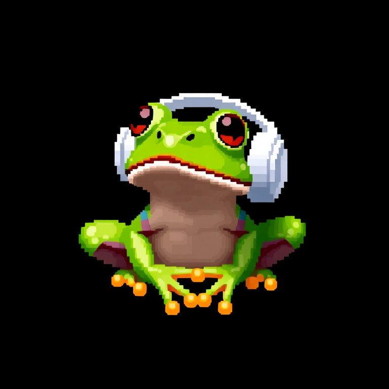 Create a high-resolution pixel art image of a cute green frog with white headphones on a black background using a digital camera with a 50mm lens, f/1.8 aperture, ISO 100, and a 1/200 sec shutter speed.