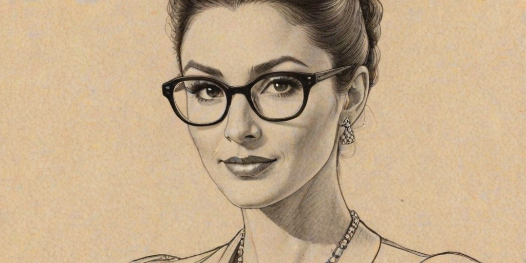 Appealing Marisol Nichols, pencil sketch, portrait of Elegant woman 1938s in glasses, hair style beatnik, outline, clear lines, fine lines, 8k