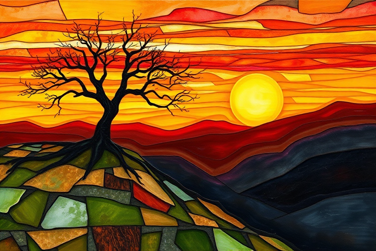 A vibrant abstract painting on Tiffany Glass, blending acrylic and alcohol ink techniques, captures a dramatic sunset over rolling hills. The artwork features a textured, rocky foreground in green and brown, layered abstract hills, and a striking sunset in rich oranges, yellows, and reds. A solitary black tree with intricate branches contrasts against the fiery sky, creating a dynamic and expressive portrayal of a breathtaking natural scene.