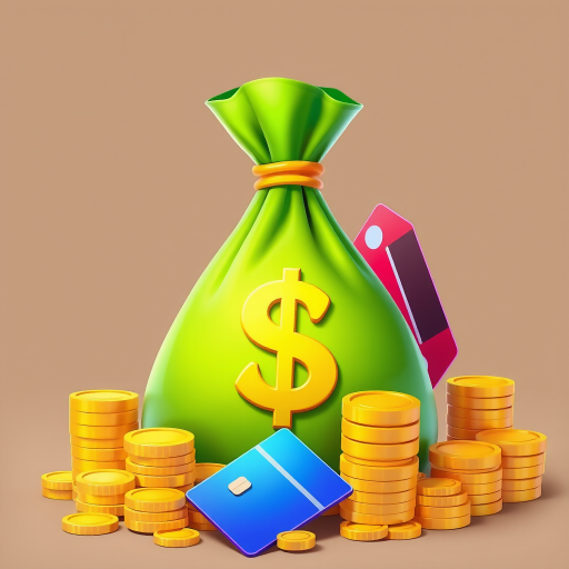 A vibrant illustration of a large green money bag with a dollar sign, surrounded by stacks of gold coins and three colorful credit cards in red, blue, and purple, soft lighting, ISO 100, f/5.6 aperture, focal length 50mm, 2D digital illustration style, high resolution.