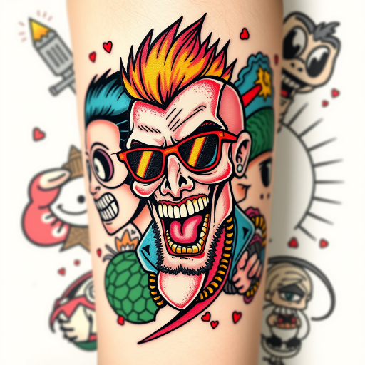New school tattoo named "Pop Culture Fusion" showcasing bold, cartoonish characters and exaggerated features with a vibrant color palette, incorporating elements from various subcultures and pop art influences