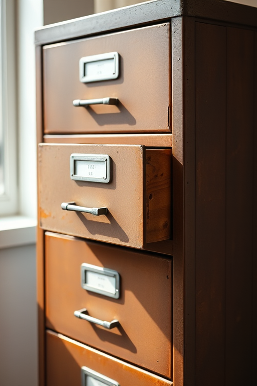 Create a high-resolution image of a vintage filing cabinet with one drawer partially open, captured in daylight, using a DSLR camera with a focal length of 50mm, aperture set to f/8, and ISO 100 to ensure sharp detail and a softly blurred background.