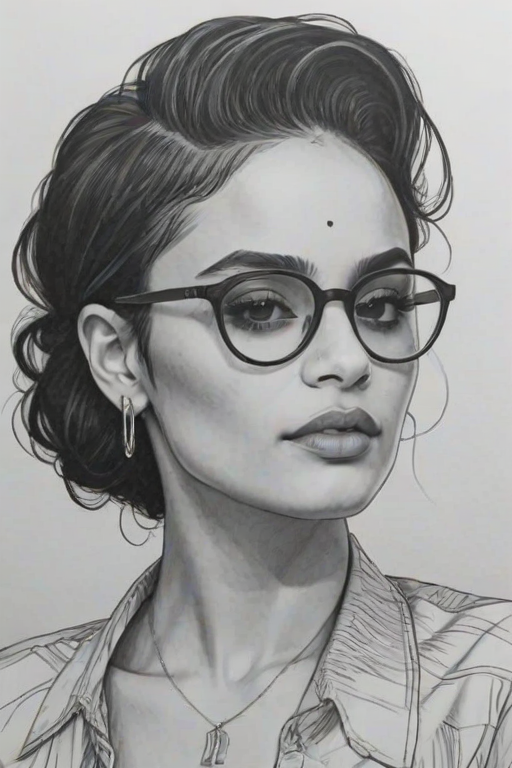 Dazzling Kehlani, pencil sketch, portrait of Magnificent woman 1979s in glasses, hair style beatnik, outline, clear lines, fine lines, 8k