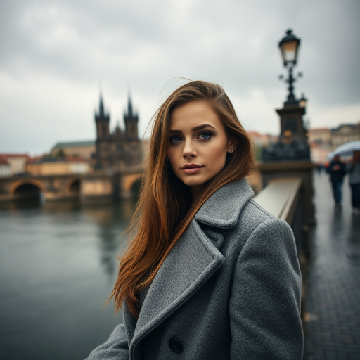 cinematic photo from above, waist up shot, sharp focus, a beautiful woman in foreground, in Prague, at the Charles Bridge, river in background, overcast rainy day, wearing long grey wool coat, warm rich color palette