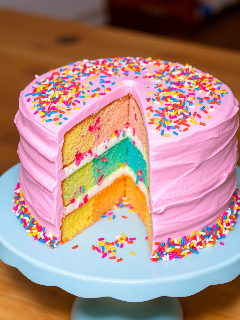A colorful layered cake with pink frosting on top, decorated with sprinkles, featuring a slice cut out to reveal multiple layers of vibrant colors and sprinkles inside, presented on a light blue cake stand.