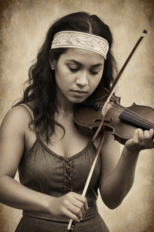 a young Maori woman with a white headband playing a violin, in the style of a charcoal drawing, sepia grunge background