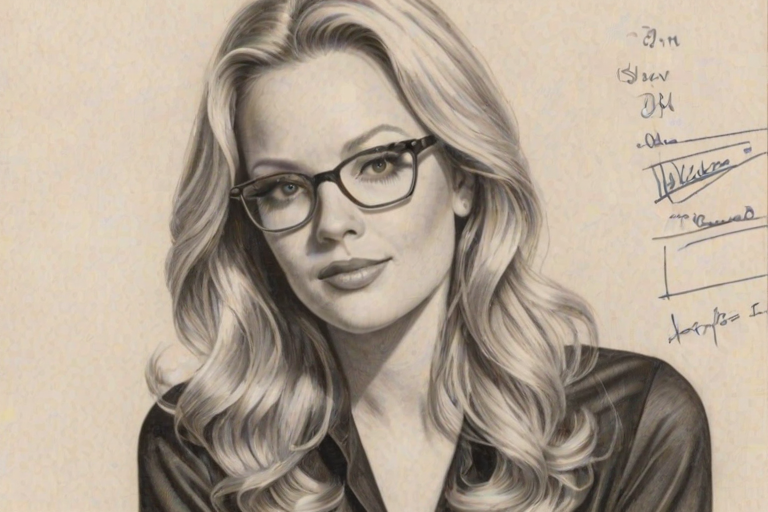 Enticing Melissa Peterman, pencil sketch, portrait of Fascinating woman 1971s in glasses, hair style beatnik, outline, clear lines, fine lines, 8k