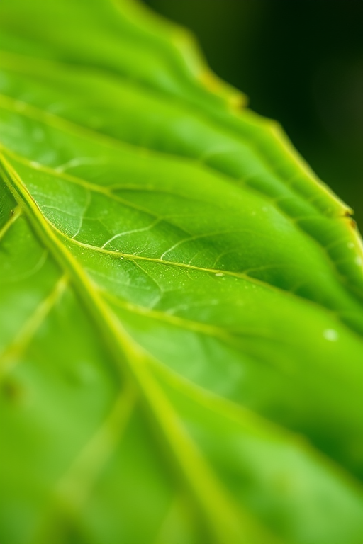 Create a close-up photograph of a green leaf with detailed texture and vibrant color using a DSLR camera, aperture f/2.8, ISO 100, and a macro lens at a 45-degree angle for a soft background blur.