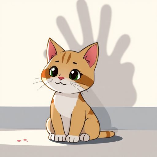 Create a cartoon-style illustration of a cute cat character sitting on the ground with a large shadow of a hand reaching up in the background, use a high-resolution camera with a 50mm lens, aperture set to f/1.8, ISO 100, and a shallow depth of field to enhance the colors and details.