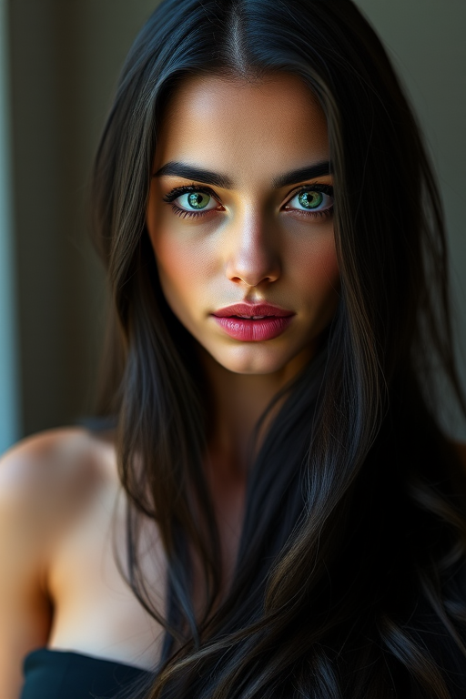 Create a portrait of a woman with long black hair and striking green eyes, wearing a black dress, focused on her facial features, using a Canon EOS R5, 85mm lens, aperture f/1.4, shot in portrait mode with soft natural lighting for a high-quality image.