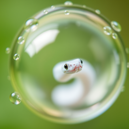 A close-up of a small, white snake inside a transparent bubble surrounded by bubbles, shallow depth of field, soft focus, natural light, macro lens, aperture f/2.8, ISO 100, 85mm lens, taken with a DSLR camera.