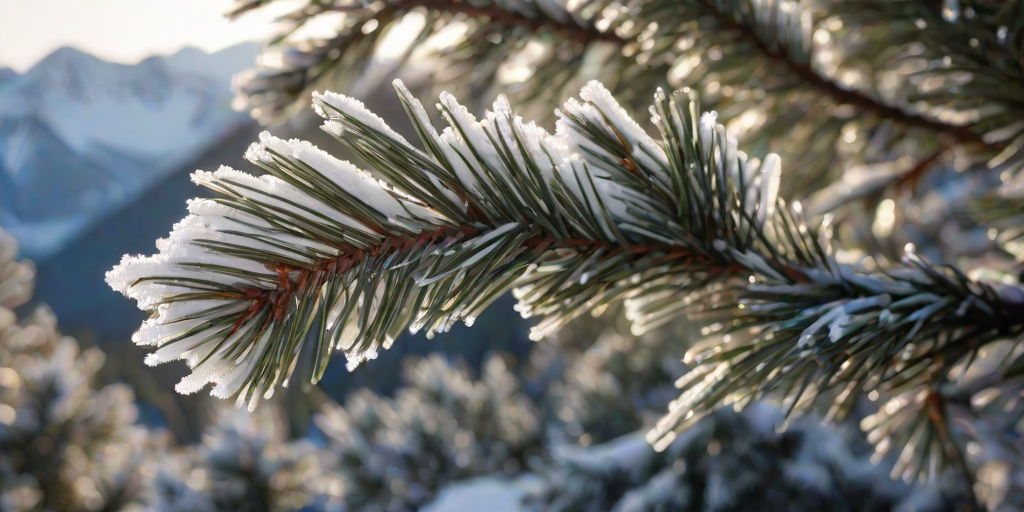 Sharp, detailed close-up of a snow-covered pine branch, soft sunlight reflecting off the icy needles, with distant snow-capped mountains blurred in the background.