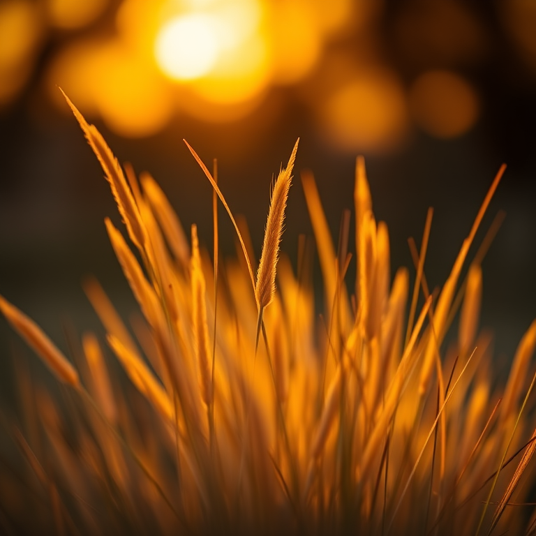 A close-up shot of golden grass during sunset, using a Canon EOS 5D Mark IV, aperture f/2.8, shutter speed 1/250s, ISO 100, soft focus background for enhanced depth, warm color tones to emphasize the sunlight filtering through the grass.
