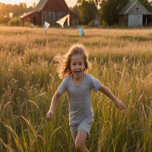 Blurry, candid photo of a child running through a field of tall grass, the wind blowing in their hair, sun setting behind them, golden light filtering through the grass, a kite soaring high in the sky above, a distant barn visible on the horizon.