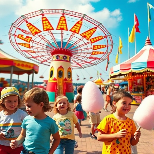Colorful carnival, with rides whirling in the background, children laughing, and cotton candy stands bustling, creating a sense of childhood joy and excitement.