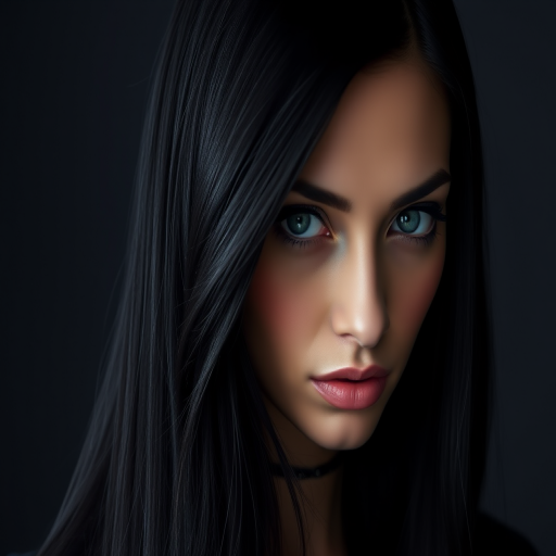 Mysterious beauty with long, jet-black hair styled in sleek, pin-straight locks with a deep side part and subtle blue undertones