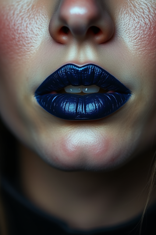 Midnight blue woman lips with metallic sheen, perfect for edgy and alternative makeup looks