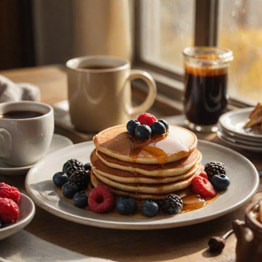 Warmly lit photo of a cozy breakfast scene, with soft golden light illuminating a plate of pancakes topped with fresh berries, maple syrup, and a steaming cup of coffee.